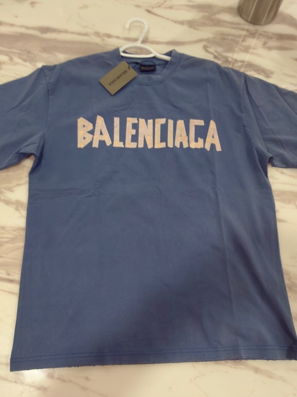Balenciaga Men's Slate Blue Logo Tee with Cream Lettering large oversized lik XL